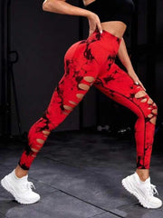 Women Tie Dye Hollow Out Leggings Sports Pants Fitness Sportswear Sexy High Waisted Push Up Gym Tights Red Running Leggings - Sunny Side Store Sunny Side Store  11.35