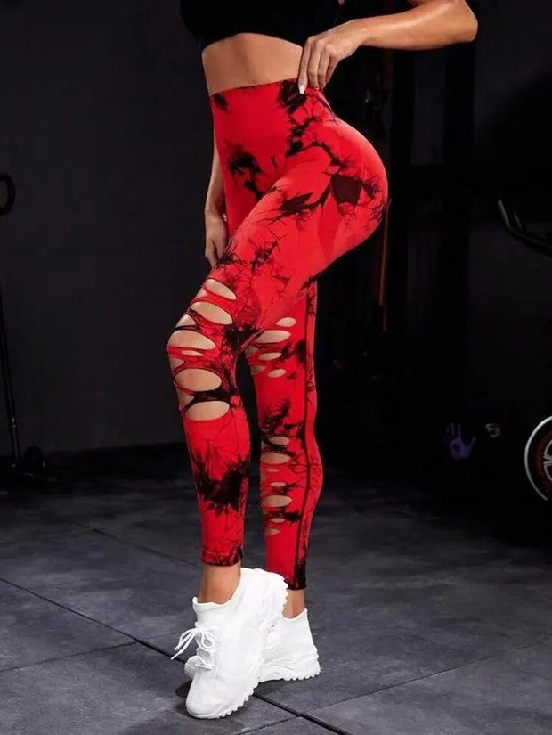 Women Tie Dye Hollow Out Leggings Sports Pants Fitness Sportswear Sexy High Waisted Push Up Gym Tights Red Running Leggings - Sunny Side Store Sunny Side Store  11.35