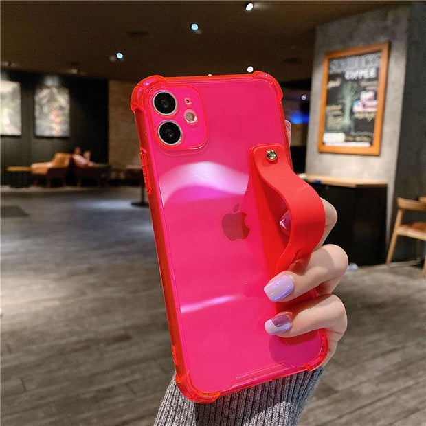 Wrist Strap Transparent Phone Case For iPhone 11 11Pro Max XR XS Max X 7 8 Plus 11Pro 12 Pro Fluorescent Color Soft Back Cover eprolo