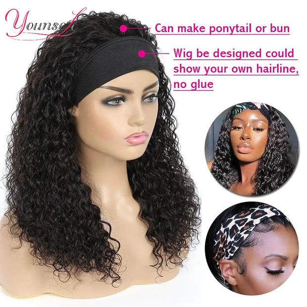 Younsolo Headband Wig Human Hair Wigs Brazilian Water Wave Wigs Black Women Curly Human Hair Highlight Headband Wig Glueless - Sunny Side Store