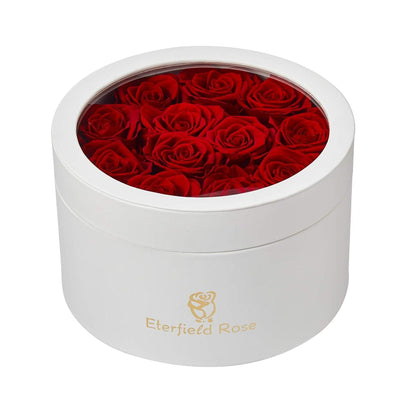 12 Preserved Rose in a Box Real Roses That Last a Year Preserved Flowers for Delivery Prime Gift for Her Valentines Day Mother Day (Red Roses, round White PU Leather Box)