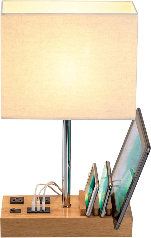 Desk Lamp with 3 USB Charging Ports, Table Lamp with 2AC Outlets and 3 Phone Stands, Nightstand Bedside Lamp with Natural Wooden Base and Cream Linen Shade