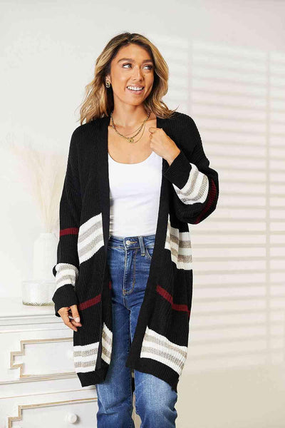 Double Take Striped Rib-Knit Drop Shoulder Open Front Cardigan - Sunny Side Store Trendsi Black-L 34.00