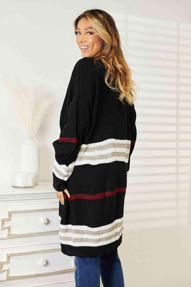 Double Take Striped Rib-Knit Drop Shoulder Open Front Cardigan - Sunny Side Store Trendsi  34.00