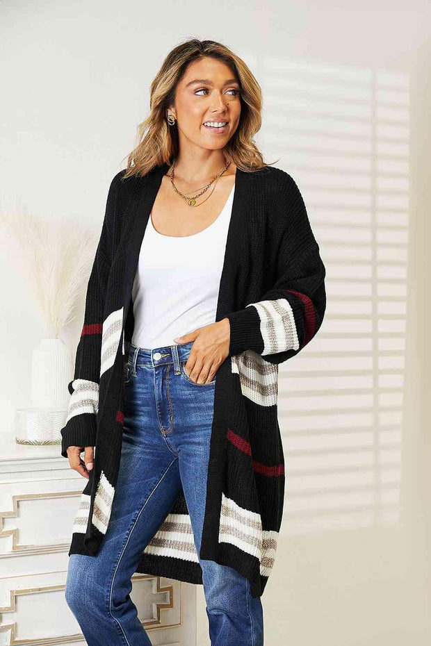 Double Take Striped Rib-Knit Drop Shoulder Open Front Cardigan - Sunny Side Store Trendsi  34.00