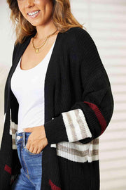 Double Take Striped Rib-Knit Drop Shoulder Open Front Cardigan - Sunny Side Store Trendsi  34.00