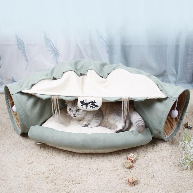 Foldable Cat Bed House Interactive Cat Tunnel Toy Drill Pipe Channel Shell Tube Kitten Cave With Balls Cushion Cats Accessories - Sunny Side Store Sunny Side Store Green-United-States 102.25