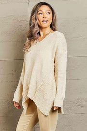 Heimish By The Fire Full Size Draped Detail Knit Sweater Trendsi