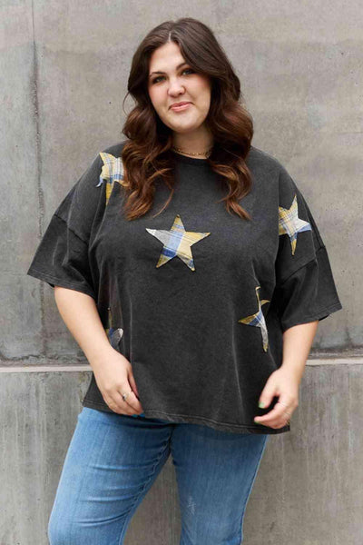 ODDI Full Size Printed Star Patch Detail Top Trendsi