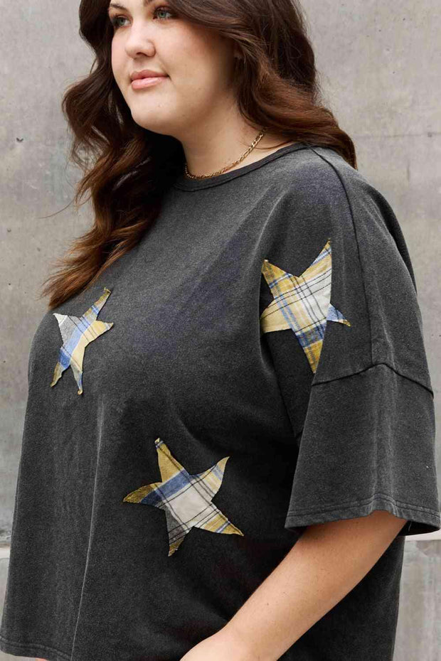 ODDI Full Size Printed Star Patch Detail Top Trendsi