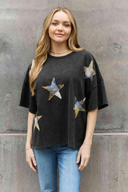 ODDI Full Size Printed Star Patch Detail Top Trendsi