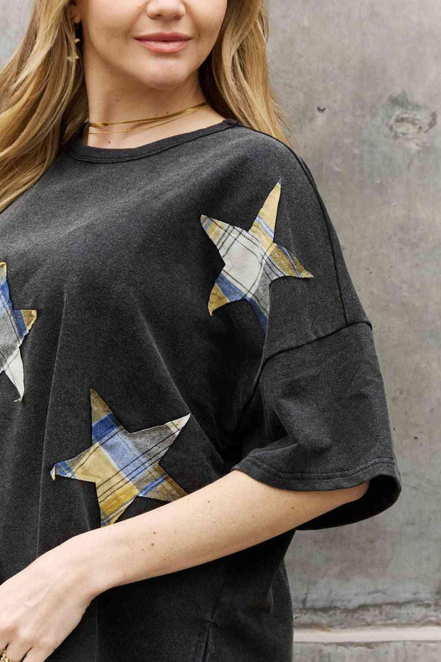 ODDI Full Size Printed Star Patch Detail Top Trendsi