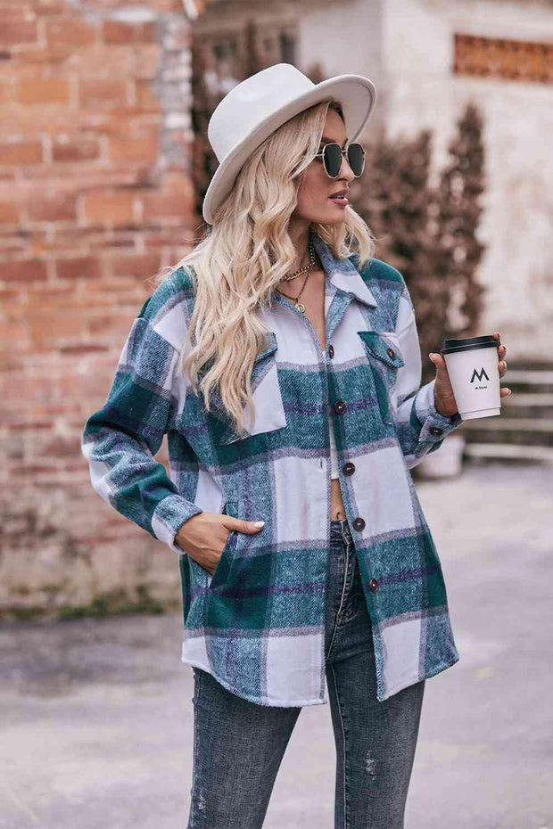 Plaid Long Sleeve Shirt Jacket with Pockets - Sunny Side Store Trendsi Deep-Teal-2XL 46.00