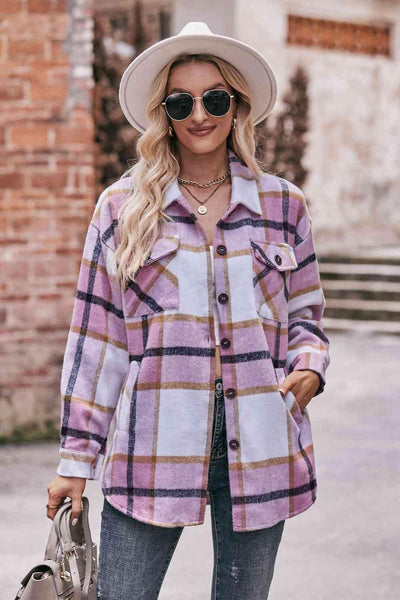 Plaid Long Sleeve Shirt Jacket with Pockets - Sunny Side Store Trendsi Carnation-Pink-2XL 46.00