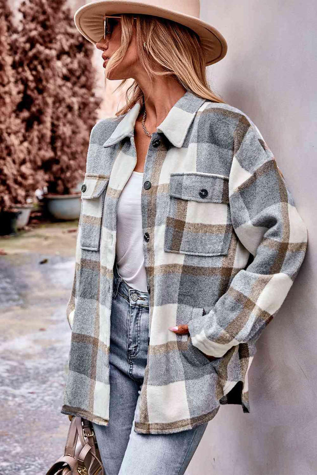 Plaid Long Sleeve Shirt Jacket with Pockets - Sunny Side Store Trendsi  46.00