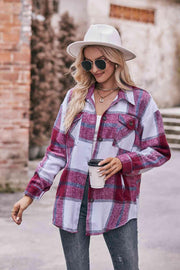 Plaid Long Sleeve Shirt Jacket with Pockets - Sunny Side Store Trendsi Cerise-2XL 46.00