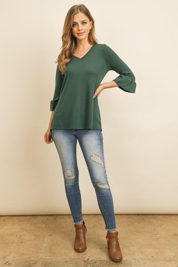 Solid Bell Sleeve V-Neck Top - Sunny Side Store Riah Fashion Hunter-Green-X-Large 36.00