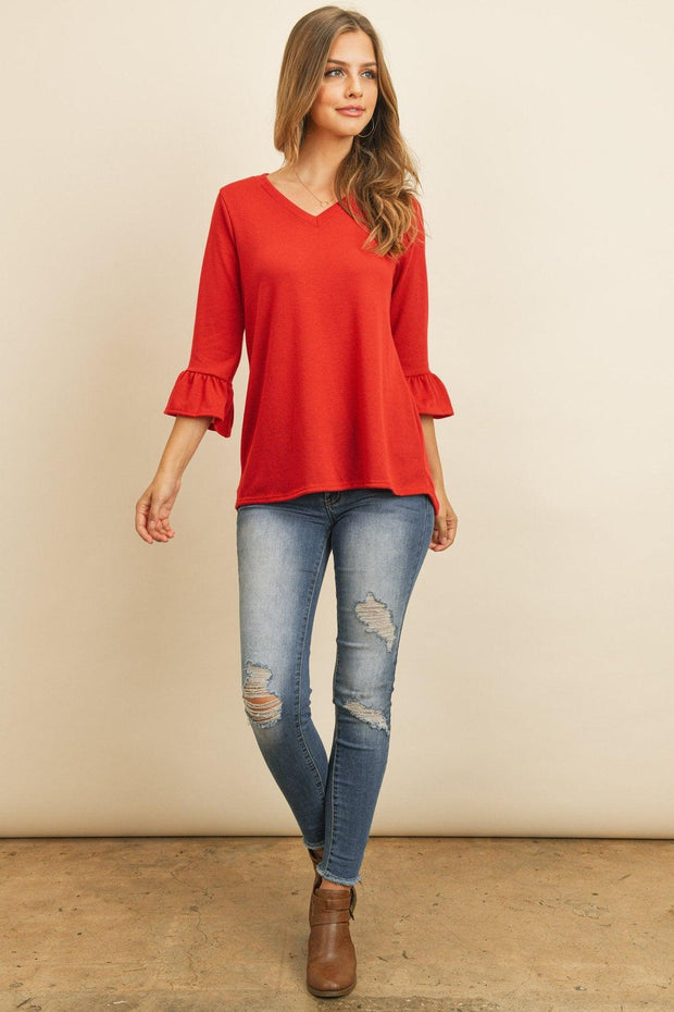 Solid Bell Sleeve V-Neck Top - Sunny Side Store Riah Fashion Red-X-Large 36.00