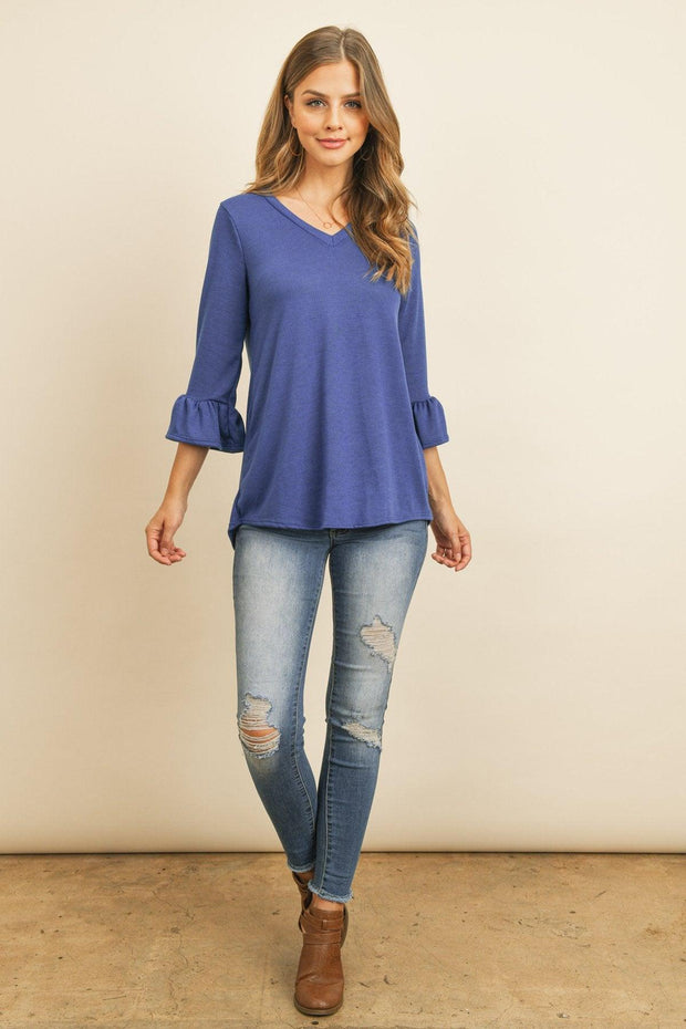 Solid Bell Sleeve V-Neck Top - Sunny Side Store Riah Fashion Royal-Blue-X-Large 36.00