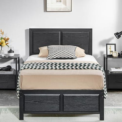 VECELO Twin Size Platform Bed Frame with Black Wood Headboard, Mattress Foundation, Strong Metal Slats Support, No Box Spring Needed Sunny Side Store
