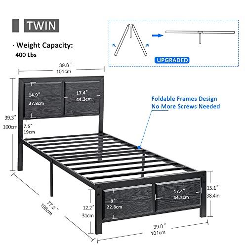 VECELO Twin Size Platform Bed Frame with Black Wood Headboard, Mattress Foundation, Strong Metal Slats Support, No Box Spring Needed Sunny Side Store