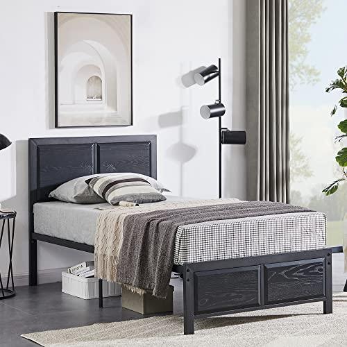 VECELO Twin Size Platform Bed Frame with Black Wood Headboard, Mattress Foundation, Strong Metal Slats Support, No Box Spring Needed Sunny Side Store