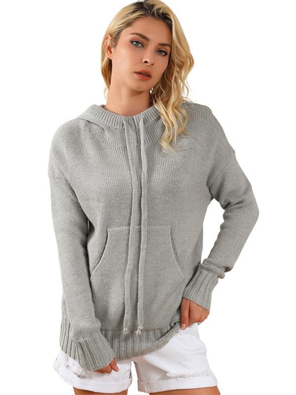 Women's mid-length loose drawstring pocket loose sweater - Sunny Side Store