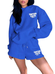 Women's new fashion loose solid color letter print sweatshirt shorts set - Sunny Side Store