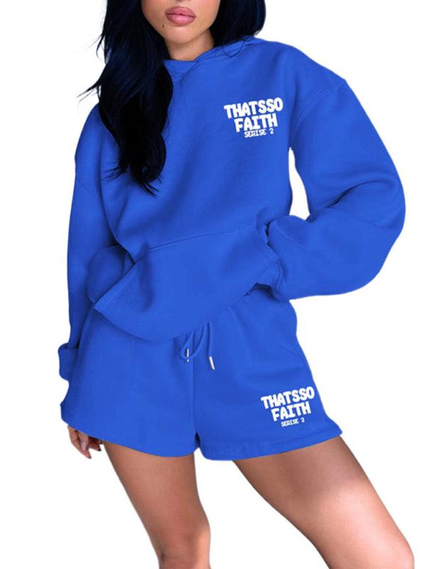 Women's new fashion loose solid color letter print sweatshirt shorts set - Sunny Side Store