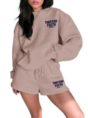 Women's new fashion loose solid color letter print sweatshirt shorts set - Sunny Side Store
