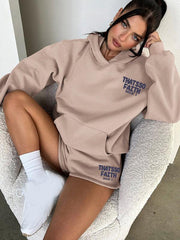 Women's new fashion loose solid color letter print sweatshirt shorts set - Sunny Side Store