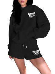Women's new fashion loose solid color letter print sweatshirt shorts set - Sunny Side Store