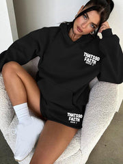 Women's new fashion loose solid color letter print sweatshirt shorts set - Sunny Side Store