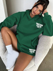 Women's new fashion loose solid color letter print sweatshirt shorts set - Sunny Side Store