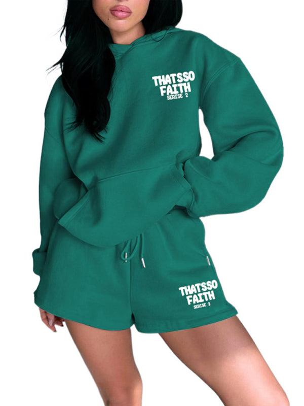 Women's new fashion loose solid color letter print sweatshirt shorts set - Sunny Side Store