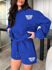 Women's new fashion loose solid color letter print sweatshirt shorts set - Sunny Side Store