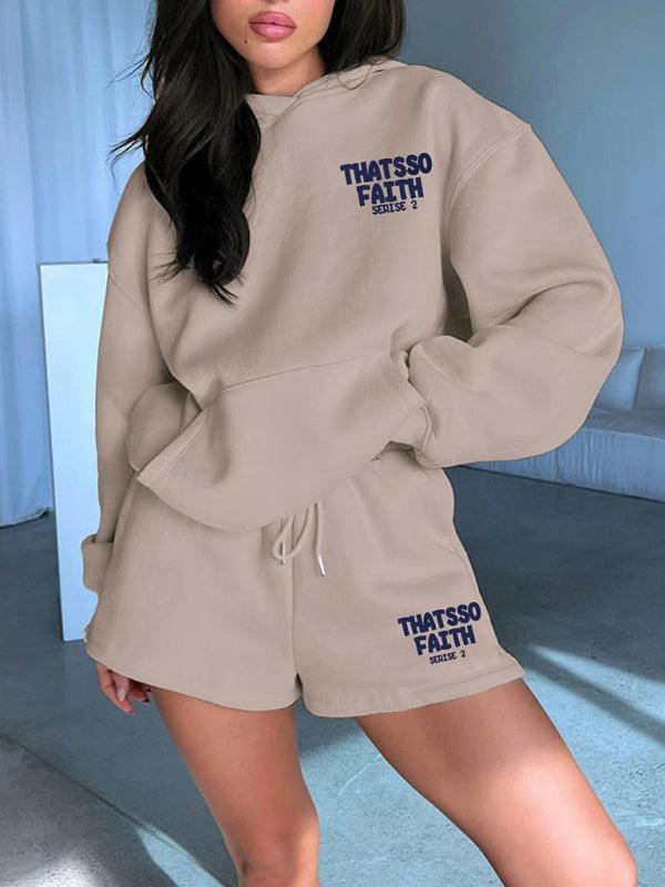 Women's new fashion loose solid color letter print sweatshirt shorts set - Sunny Side Store