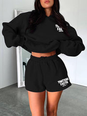 Women's new fashion loose solid color letter print sweatshirt shorts set - Sunny Side Store