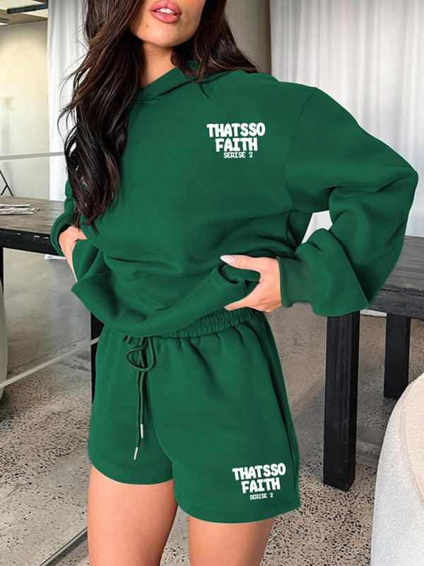 Women's new fashion loose solid color letter print sweatshirt shorts set - Sunny Side Store
