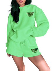 Women's new fashion loose solid color letter print sweatshirt shorts set - Sunny Side Store