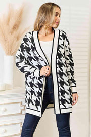 Woven Right Houndstooth Open Front Longline Cardigan Trendsi