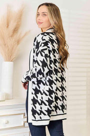 Woven Right Houndstooth Open Front Longline Cardigan Trendsi