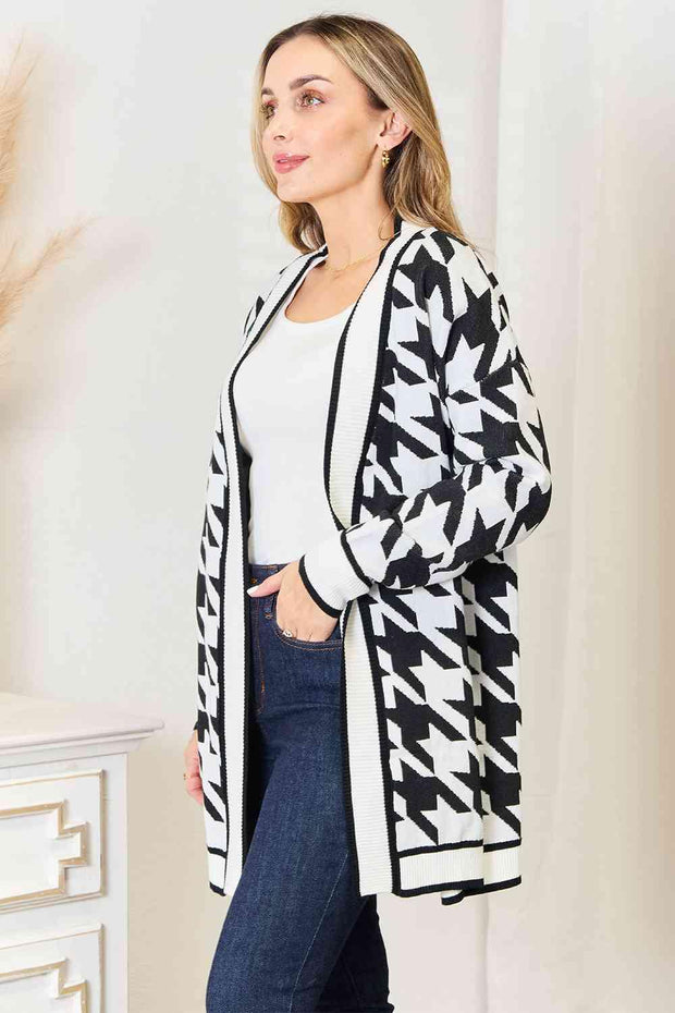 Woven Right Houndstooth Open Front Longline Cardigan Trendsi