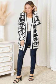 Woven Right Houndstooth Open Front Longline Cardigan Trendsi